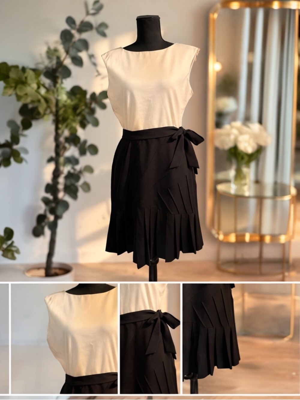 Marvin Richards Black & Ivory Pleated Cocktail Dress | Classic Colorblock Dress